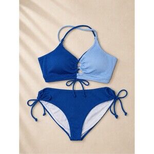 B2prity Two Tone Blue Bikini Set Textured Halter Tie Side Swimwear